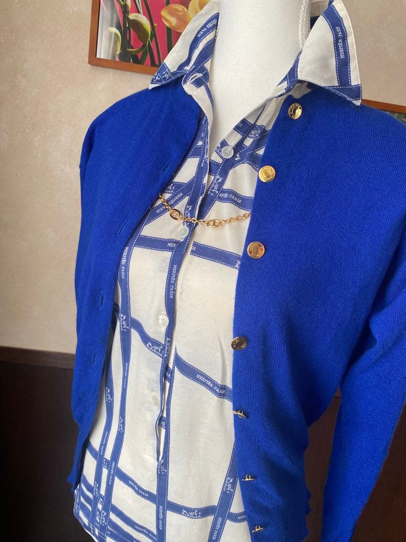 HERMÈS エルメス人気のリボン柄ボルデュックシャツ ブルーホワイト/ブルー
