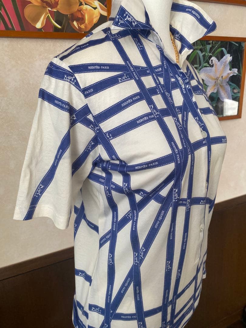 HERMÈS エルメス人気のリボン柄ボルデュックシャツ ブルーホワイト/ブルー