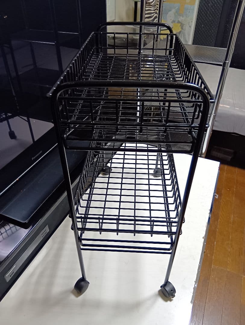 レア　1980's　ポストモダン　ブラック　ワイヤー　ワゴン　ラック　業務什器
