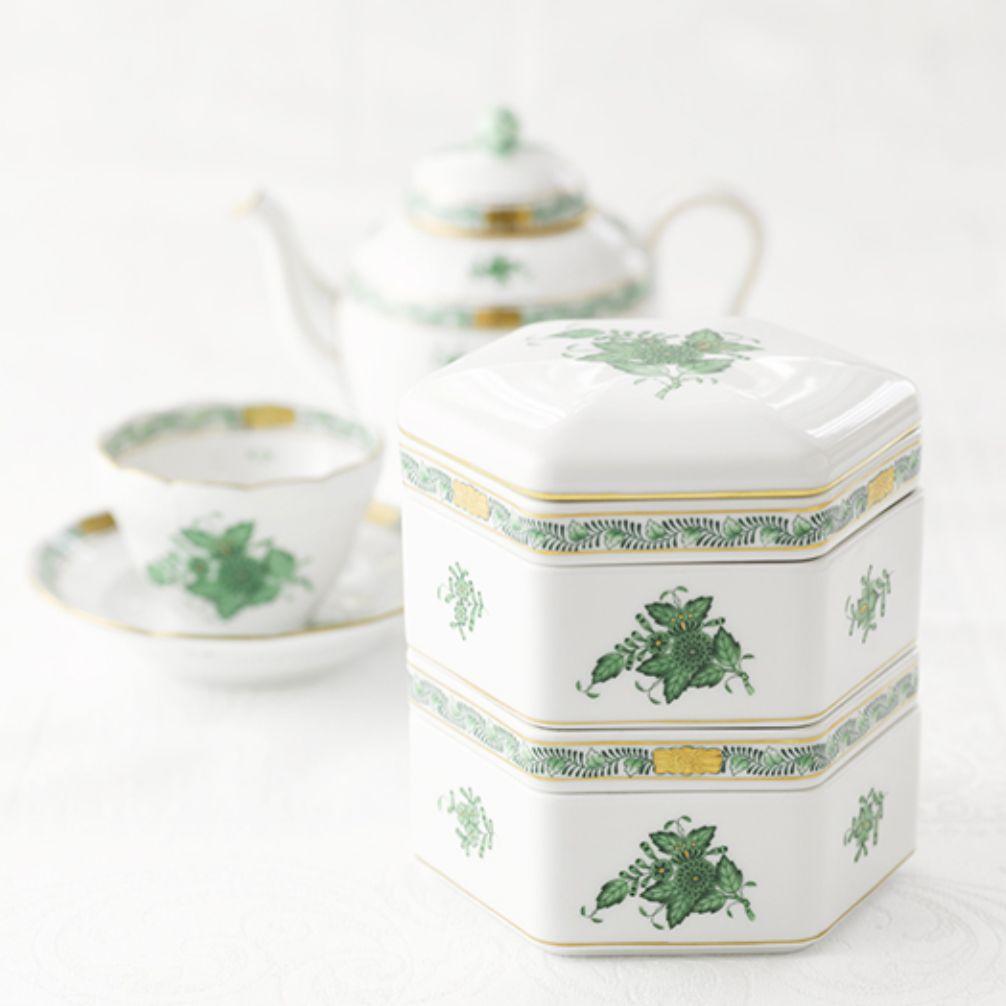 ヘレンド　アポニーグリーン　重箱（二段）