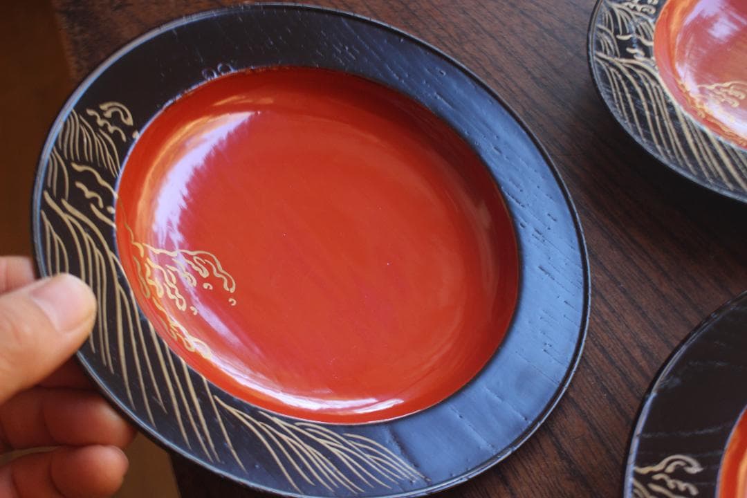 デッドストック！日の出塗に優美な波濤蒔絵の映える銘々皿5点（検京塗菓子皿