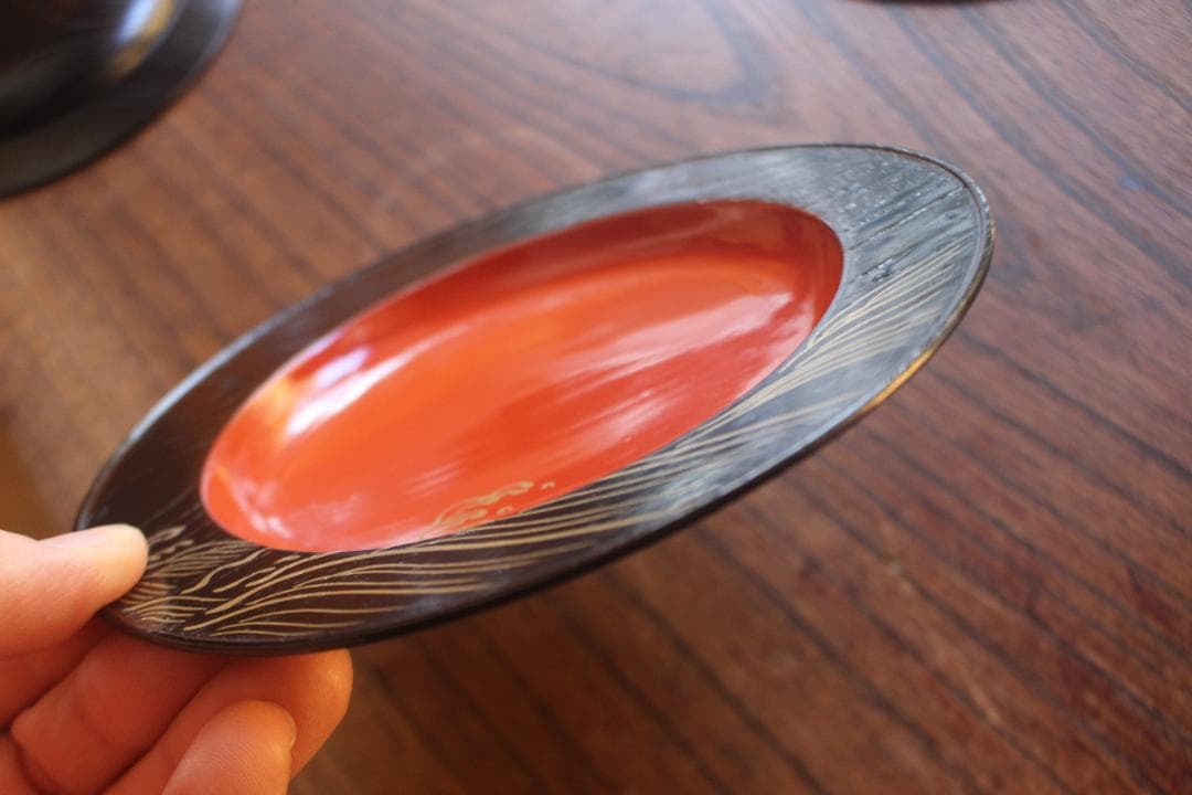 デッドストック！日の出塗に優美な波濤蒔絵の映える銘々皿5点（検京塗菓子皿