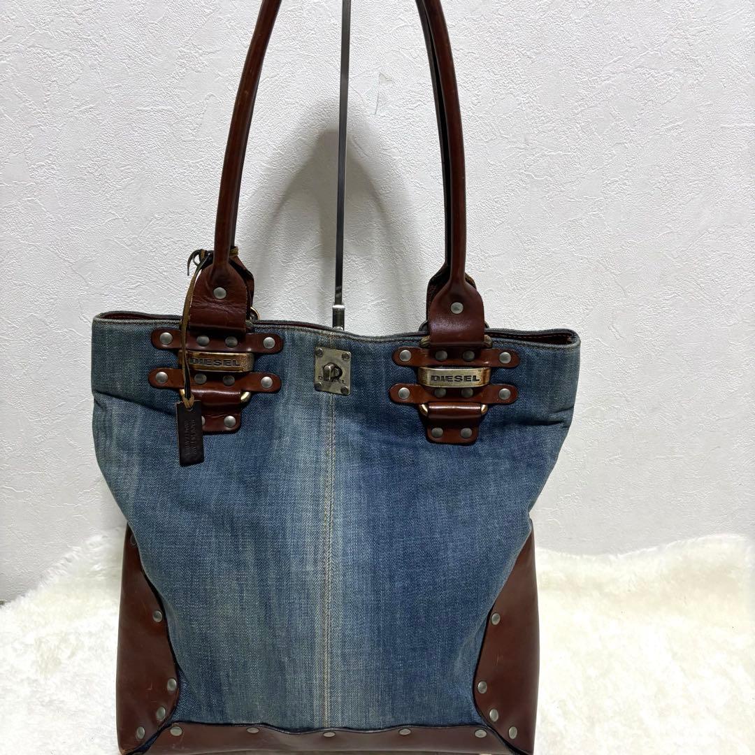 【極希少】ディーゼル トートバッグ デニム レザー A4 肩掛け スタッズ