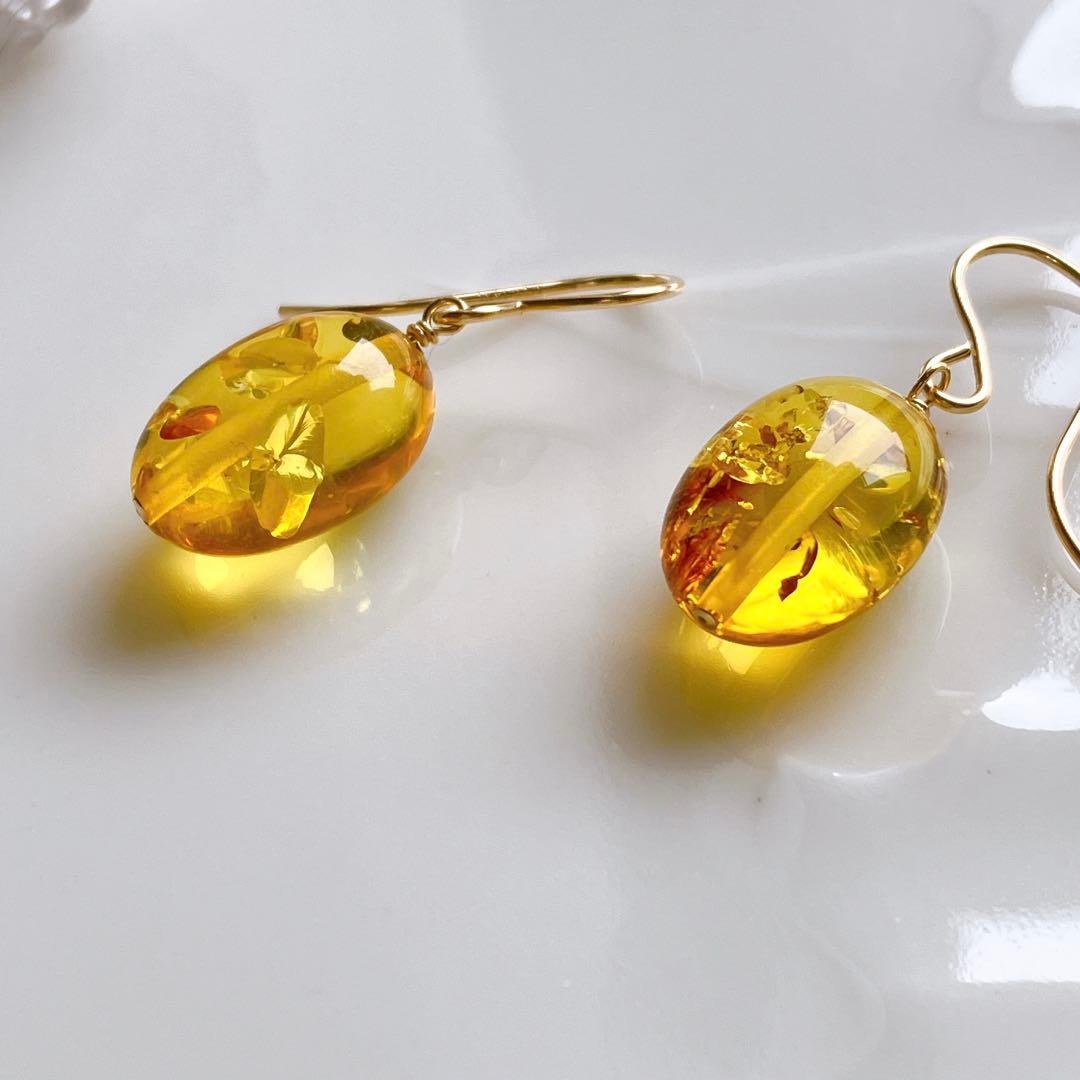 ハニーフラット◆希少✧バルティックアンバーピアス✧14kgf