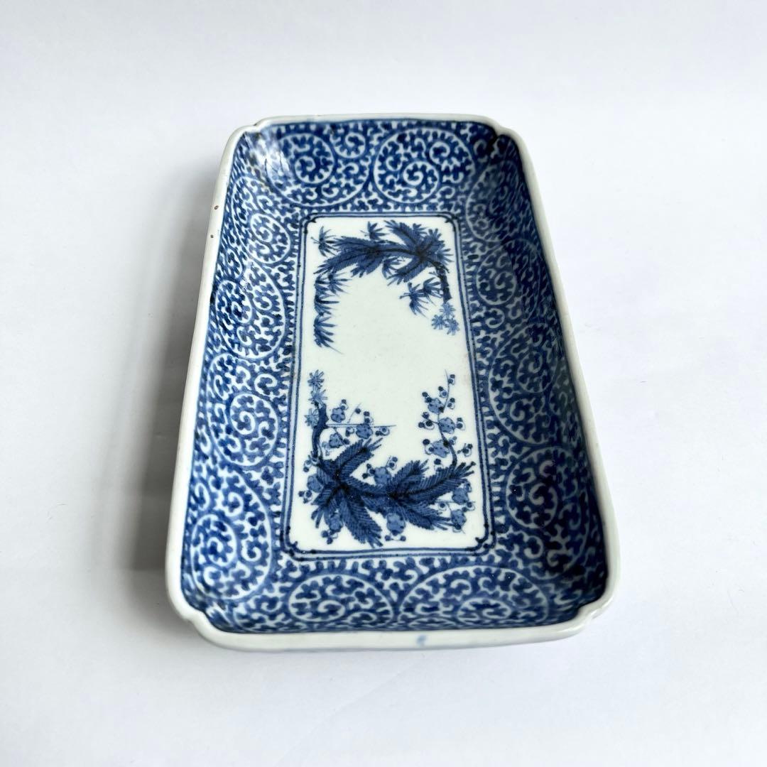 江戸中期　古伊万里　奇玉宝鼎之珍　染付　松竹梅　蛸唐草文　長皿