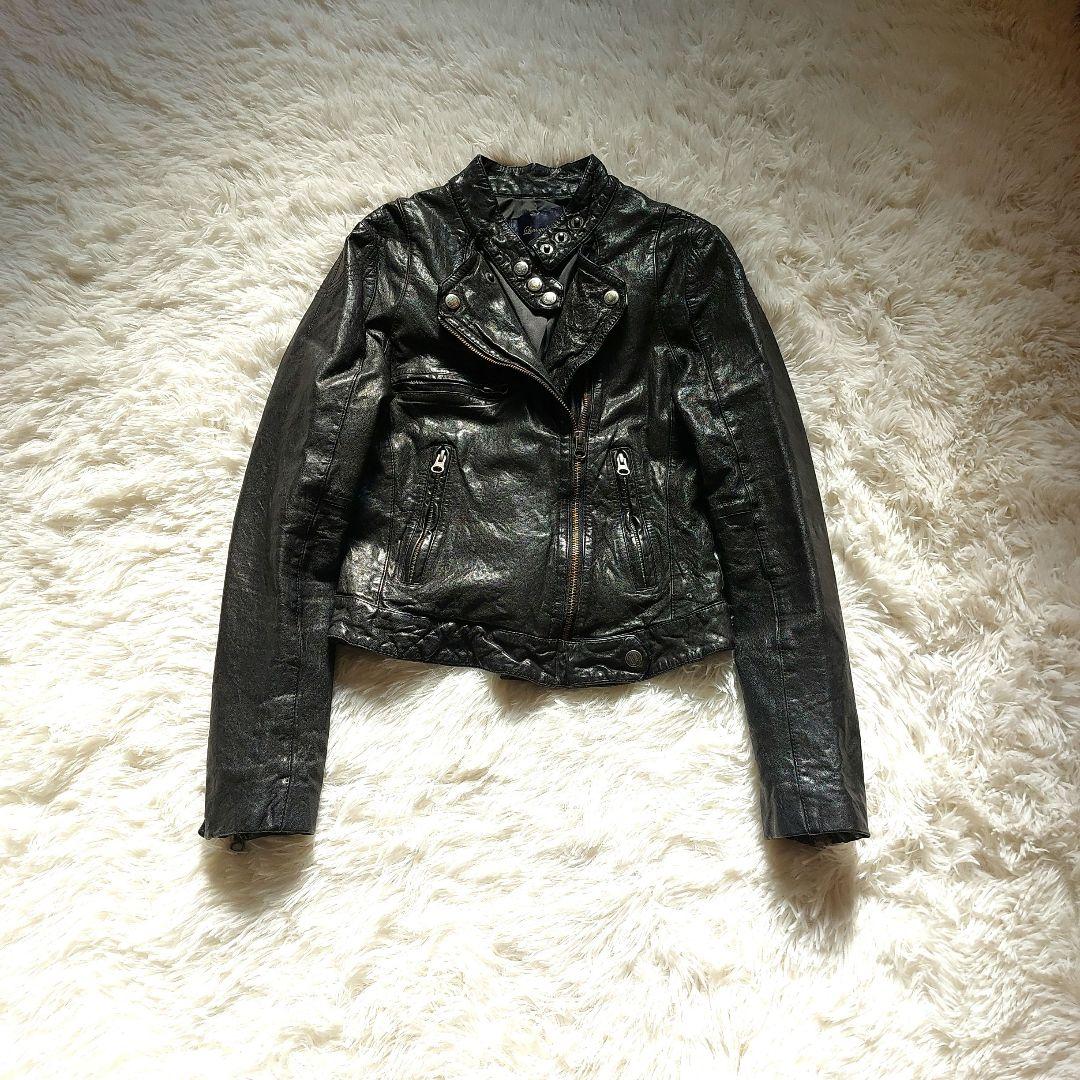 ラムレザー Loungedress ダブルライダースジャケット クロップド丈 黒