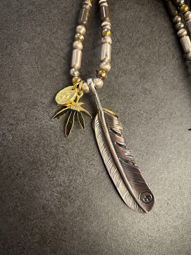 パイプビーズ一連 上金 ハート 特大 フェザー 全金メタル グラス ネックレス