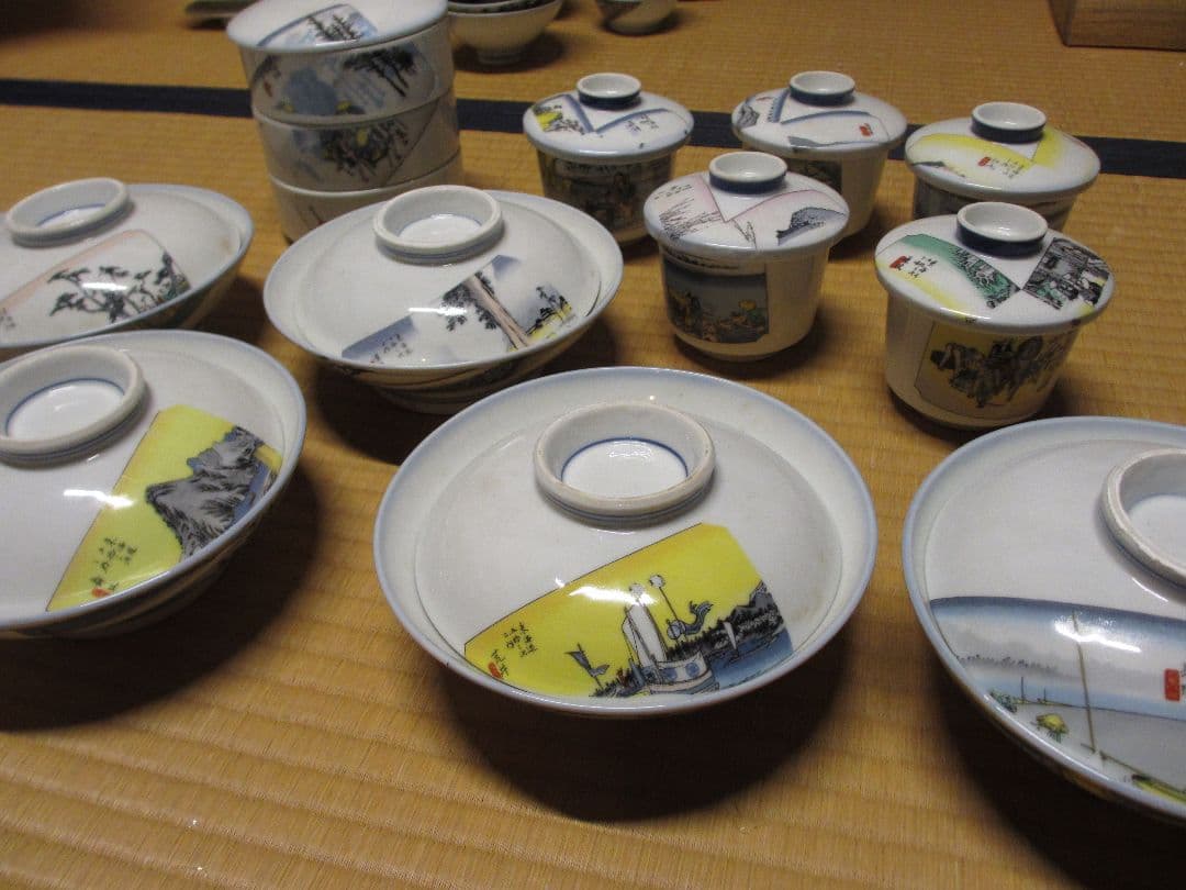 東海道五十三次柄の茶碗皿