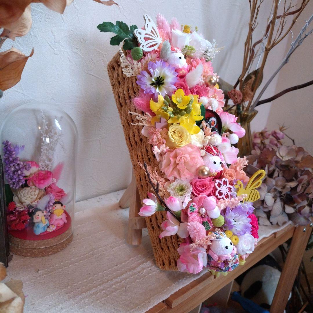 予約済み✦新作✦春爛漫皆でお花見・うさぎさん3姉妹…ブリザーブドアレンジ