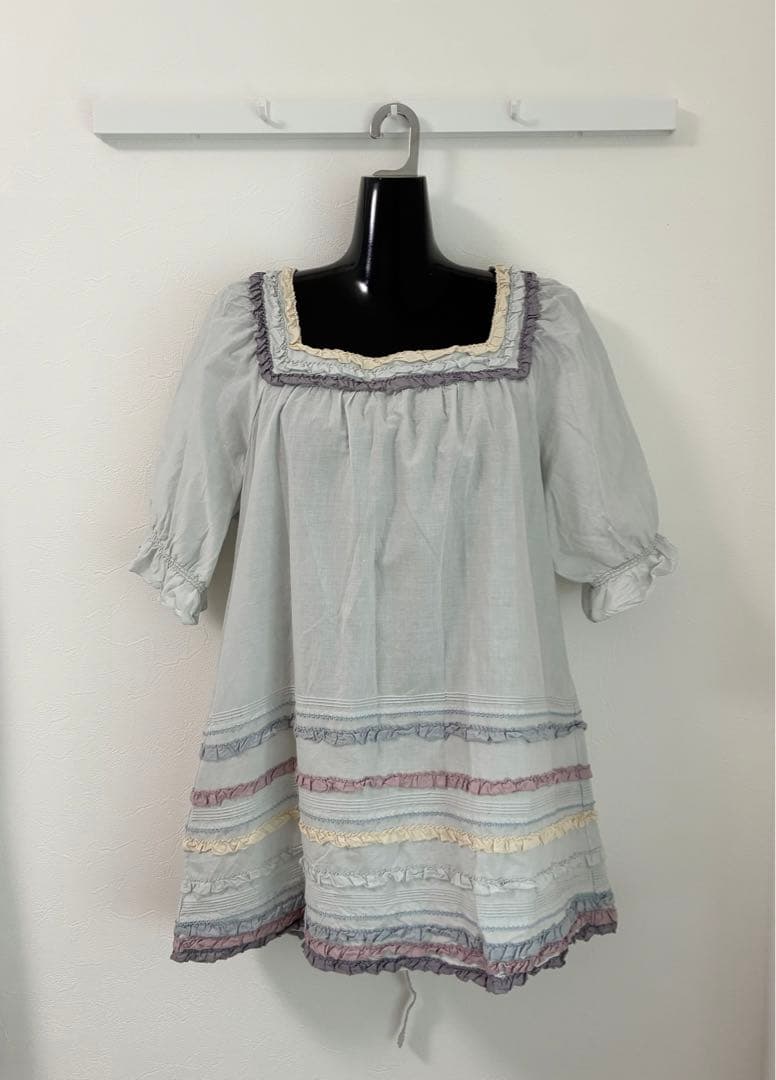 PINK HOUSE スクエアネック フリル ブラウス ライトブルー 半袖シャツ