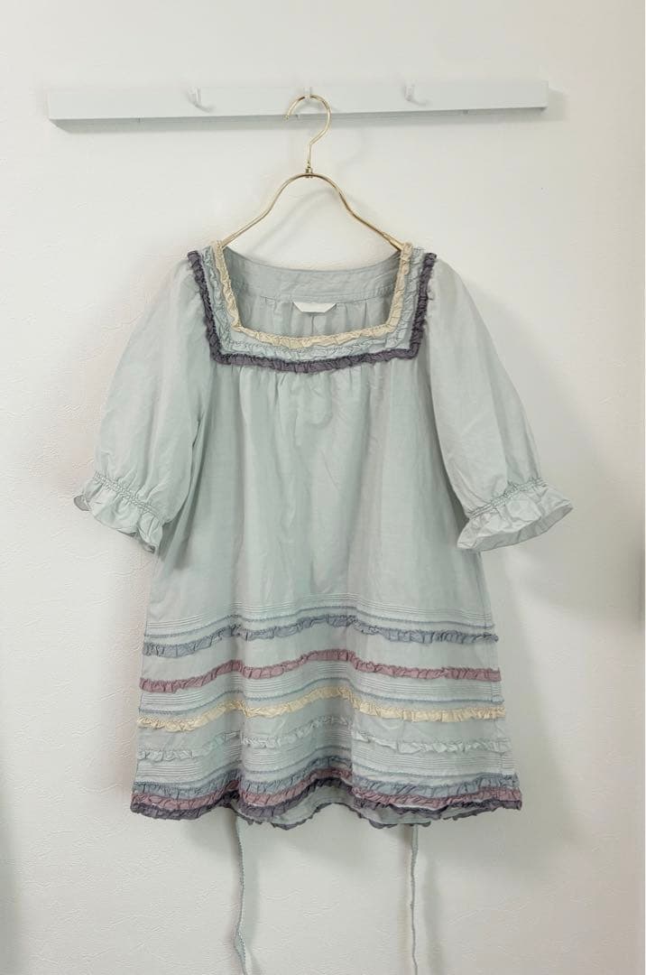 PINK HOUSE スクエアネック フリル ブラウス ライトブルー 半袖シャツ