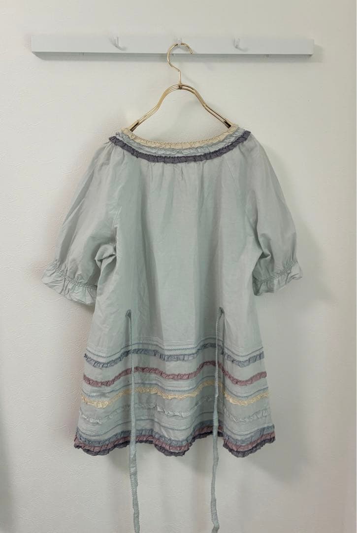 PINK HOUSE スクエアネック フリル ブラウス ライトブルー 半袖シャツ