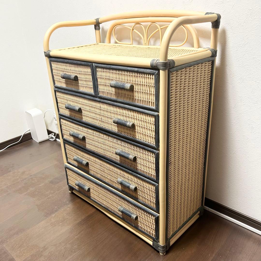 ラタン 5段チェスト 引き出し 収納 タンス 箪笥 電話台 ビンテージ