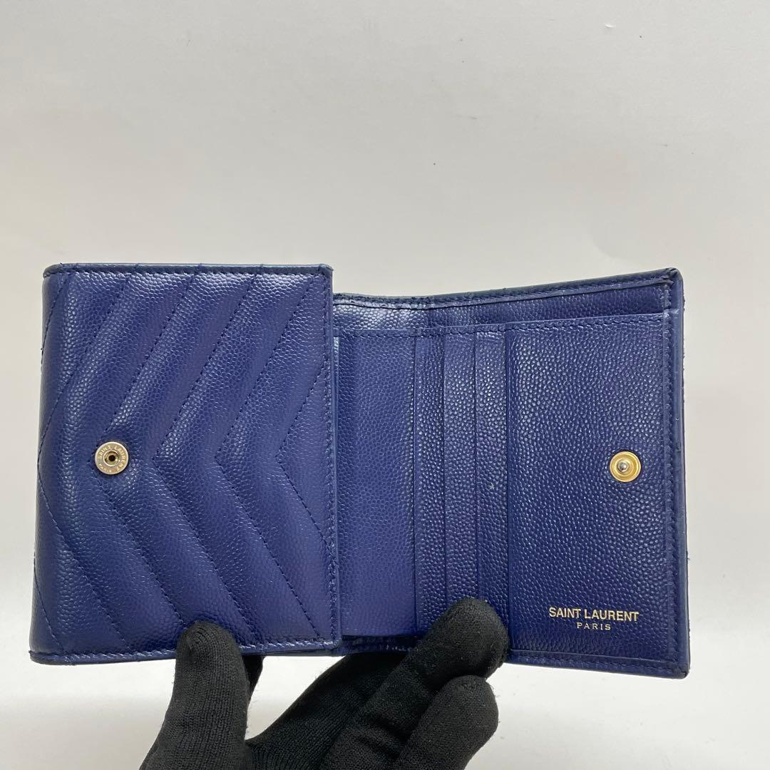 1636 イヴサンローラン 三つ折り財布 Vスティッチ ブルー レザー