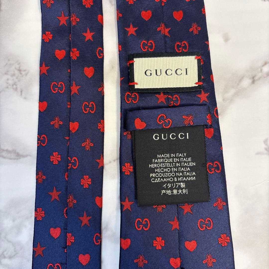 【極美品✨】GUCCI ネクタイ　ネイビー　レッド　ビー　蜂　GG 赤　紺　刺繍