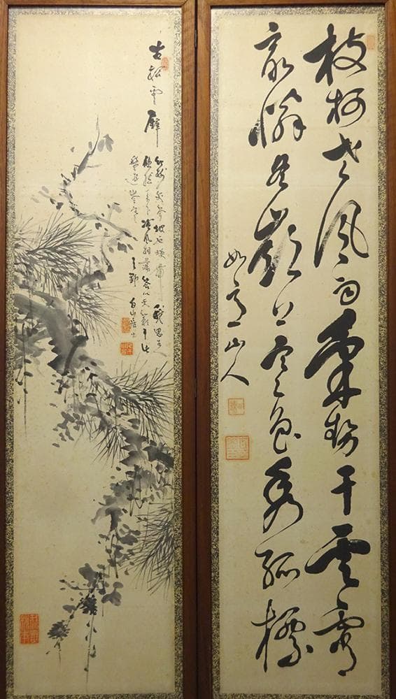 【畫】　★ 書画 松竹梅図六曲衝立 ★　明治期　白山居士絵 肉筆真作　紙本水墨