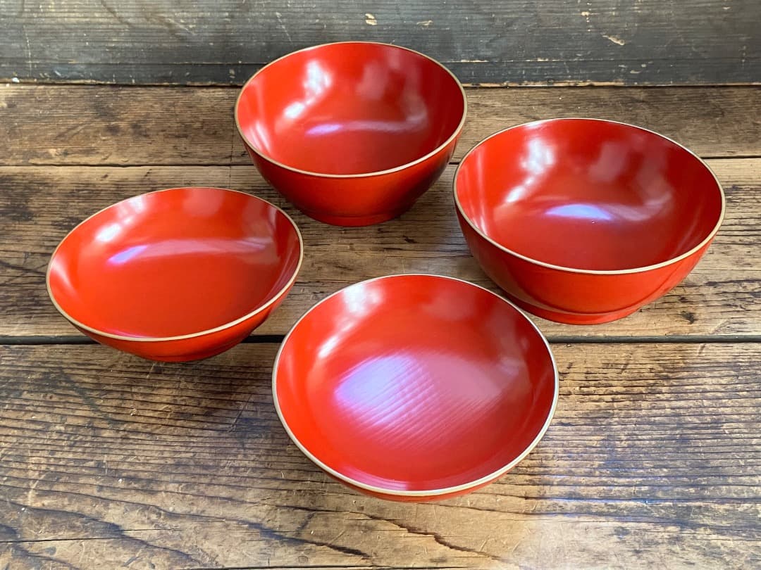 能登蔵出し 輪島塗 朱漆 金縁 煮物椀 2客 / 朱漆 漆器椀 懐石椀 雑煮椀