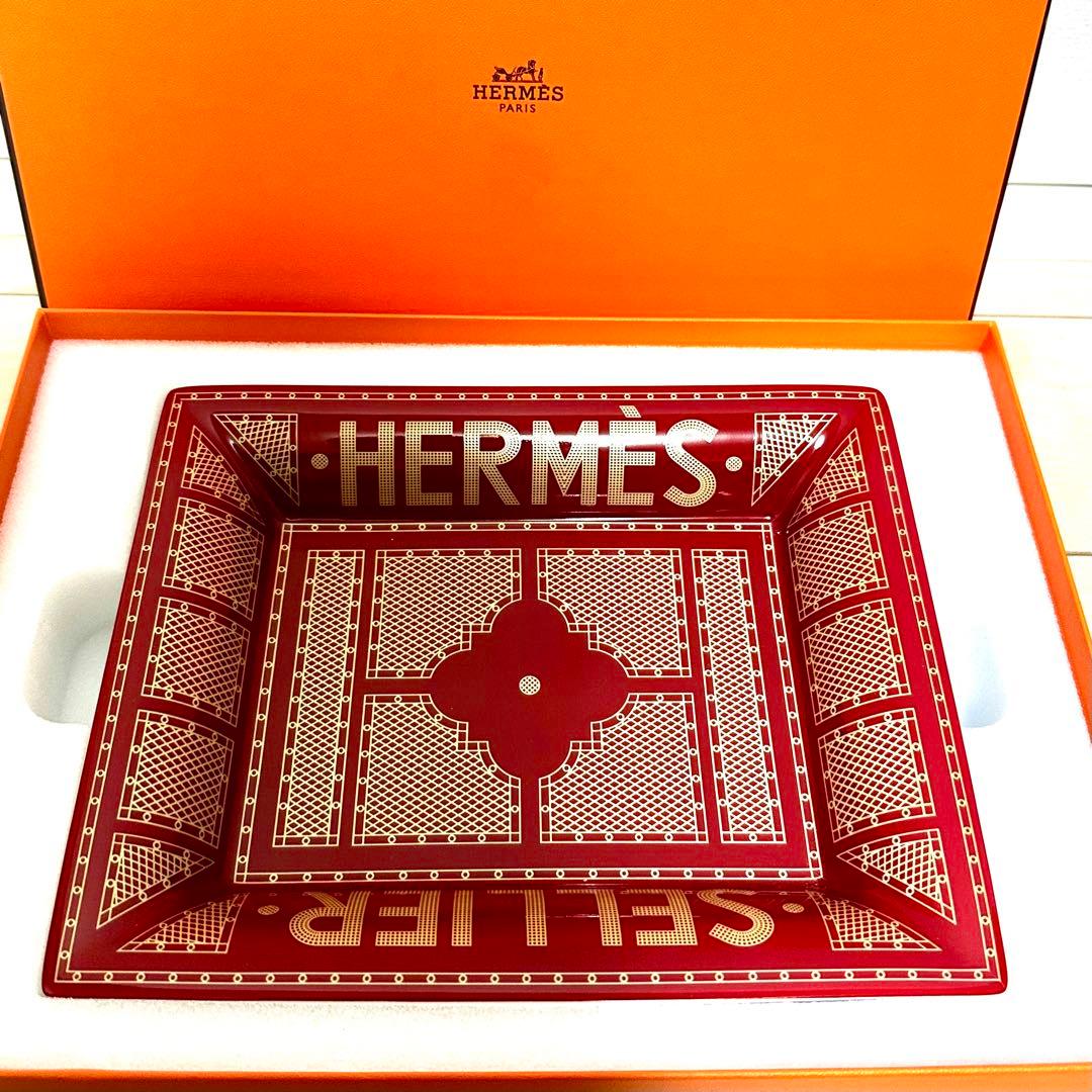 HERMES Sellierセリエ 赤 トレイ 小物入れ 灰皿 陶器 箱　即決◎
