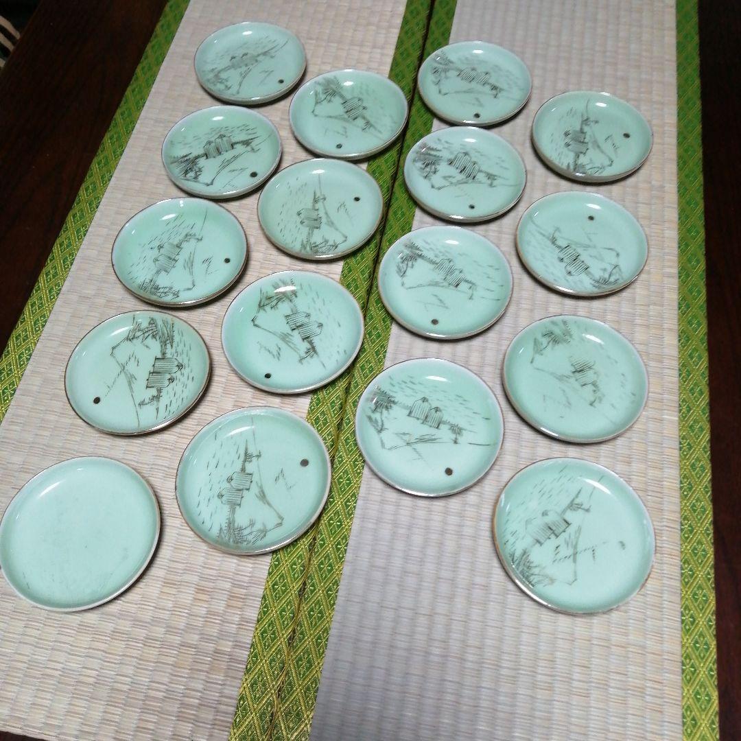 瀬戸焼　クロム青磁富士遠影小皿　17枚　10.7cm　大正期