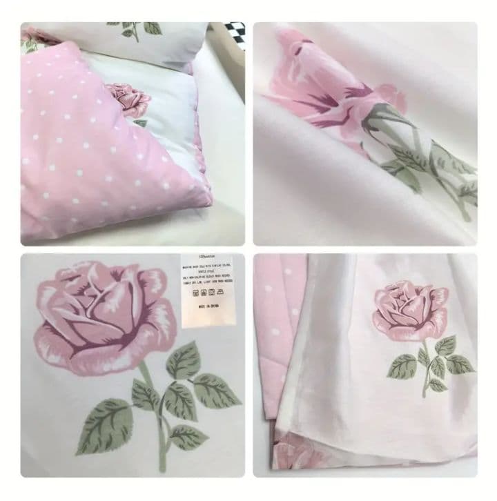 新品★綿100%白ピンク薔薇＋ピンク水玉シングル→ダブル掛け布団カバーセット