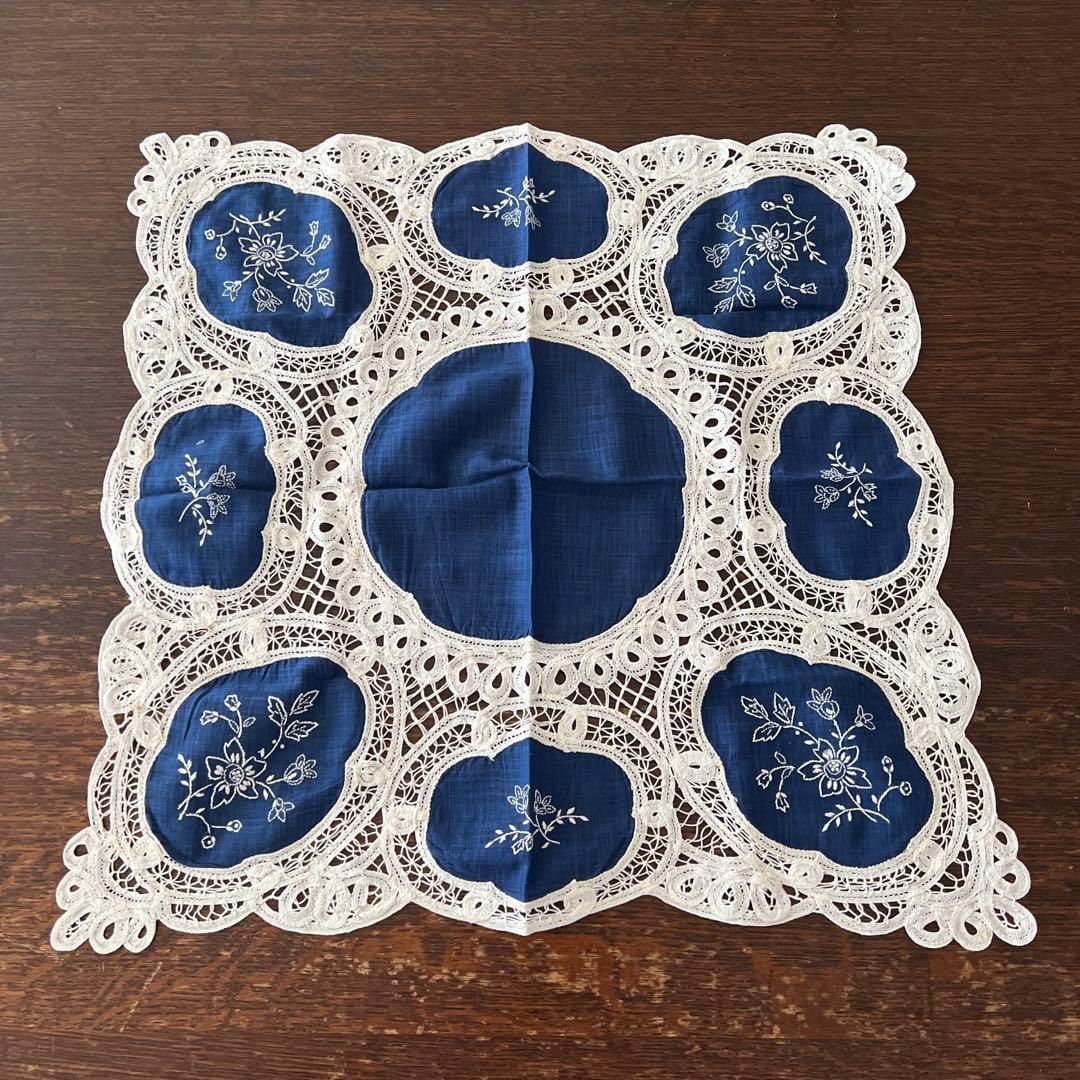 バテンレース刺繍ハンカチ　プレイスマット　アンティーク　スワトウ刺繍　ボビン