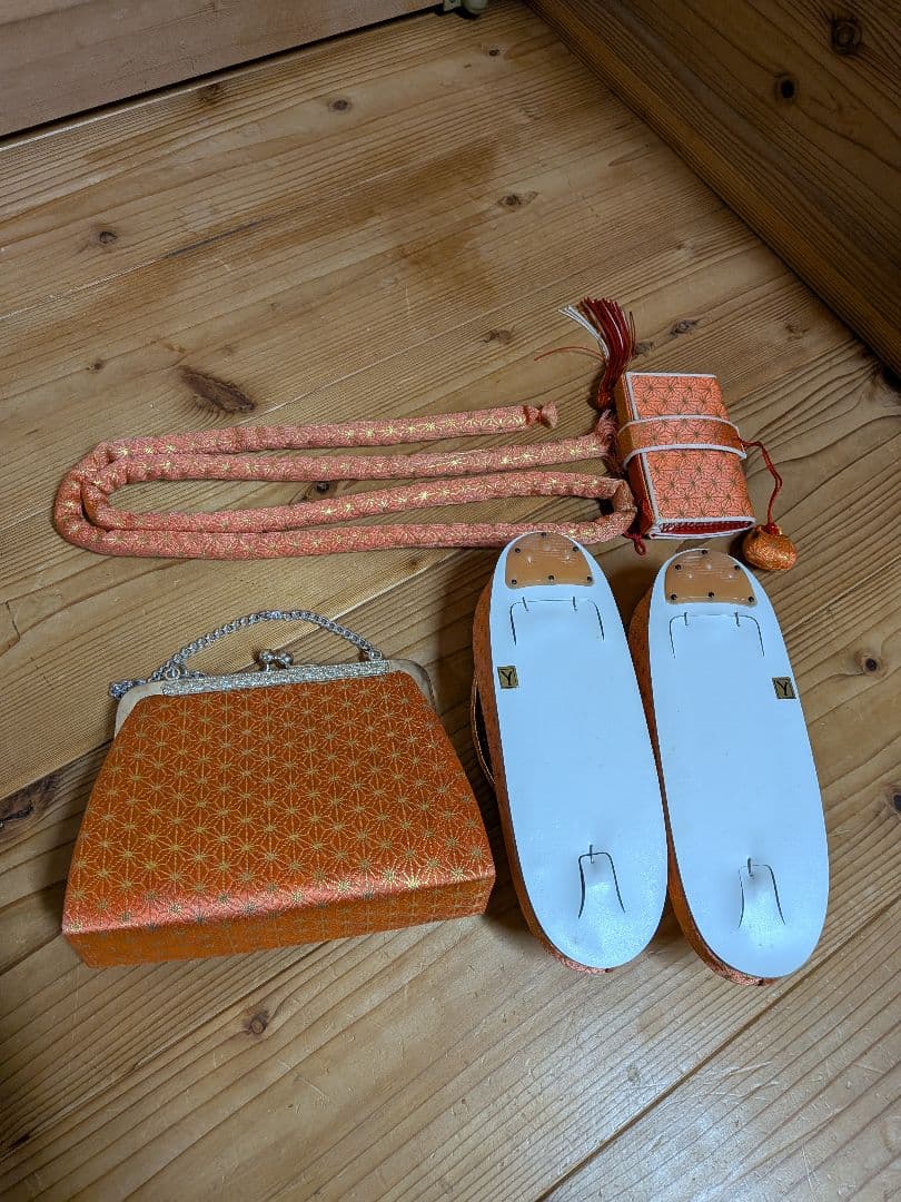 新品　七五三　オレンジ　バッグ　草履　セット　帯