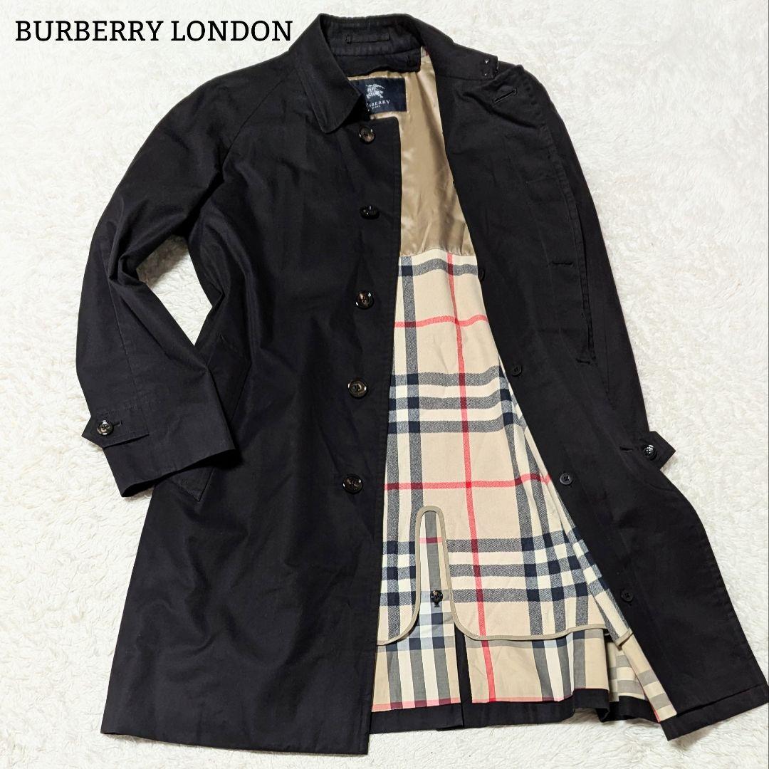 良品◎バーバリーロンドン ステンカラーコート メガチェック ライナー付 LL 黒