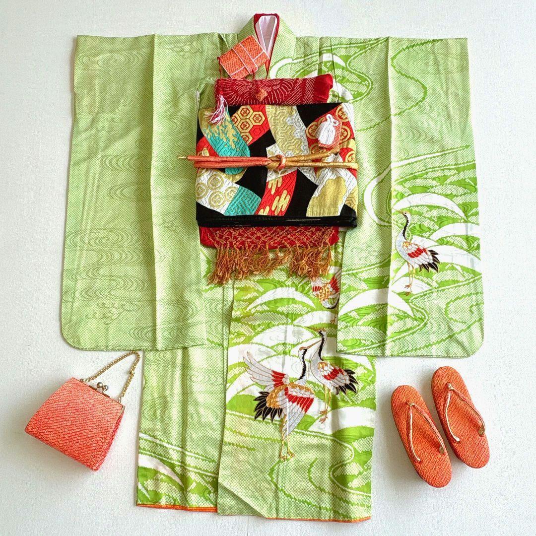 フルセット　七五三　7歳女の子　しぼり柄　鶴　流水　黒袋帯　刺繍　7065