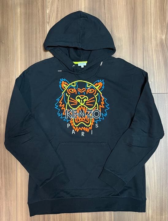 KENZO タイガー刺繍 パーカー ネオン　ブラック L