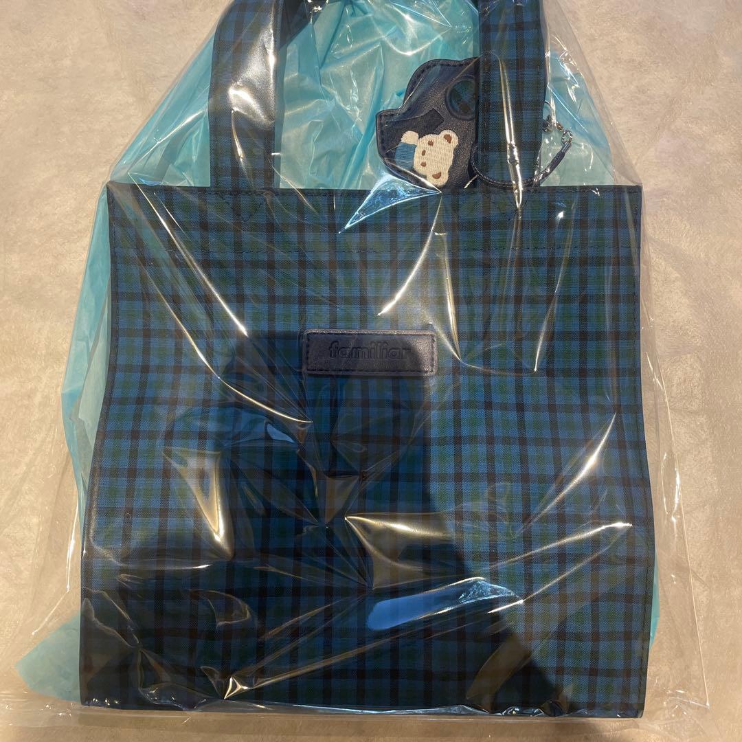 新品未使用未開封タグ付き ファミリア 青チェック ギンガム トートバッグ 小