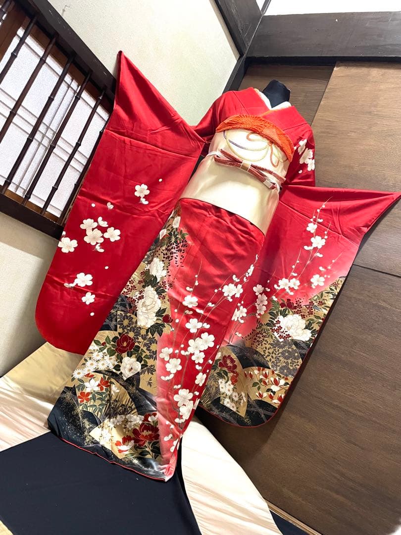 振袖フルセット6点サイズM〜Ｌ駒刺繍　流水地紙花文　暈し染め　金彩　正絹