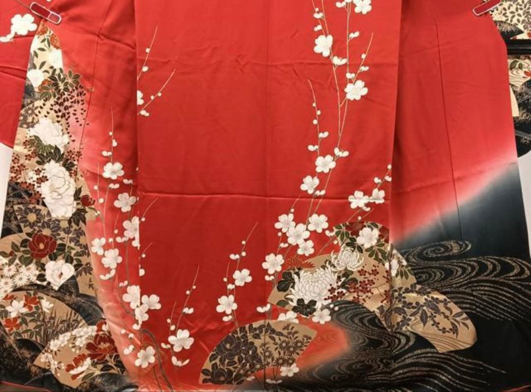 振袖フルセット6点サイズM〜Ｌ駒刺繍　流水地紙花文　暈し染め　金彩　正絹