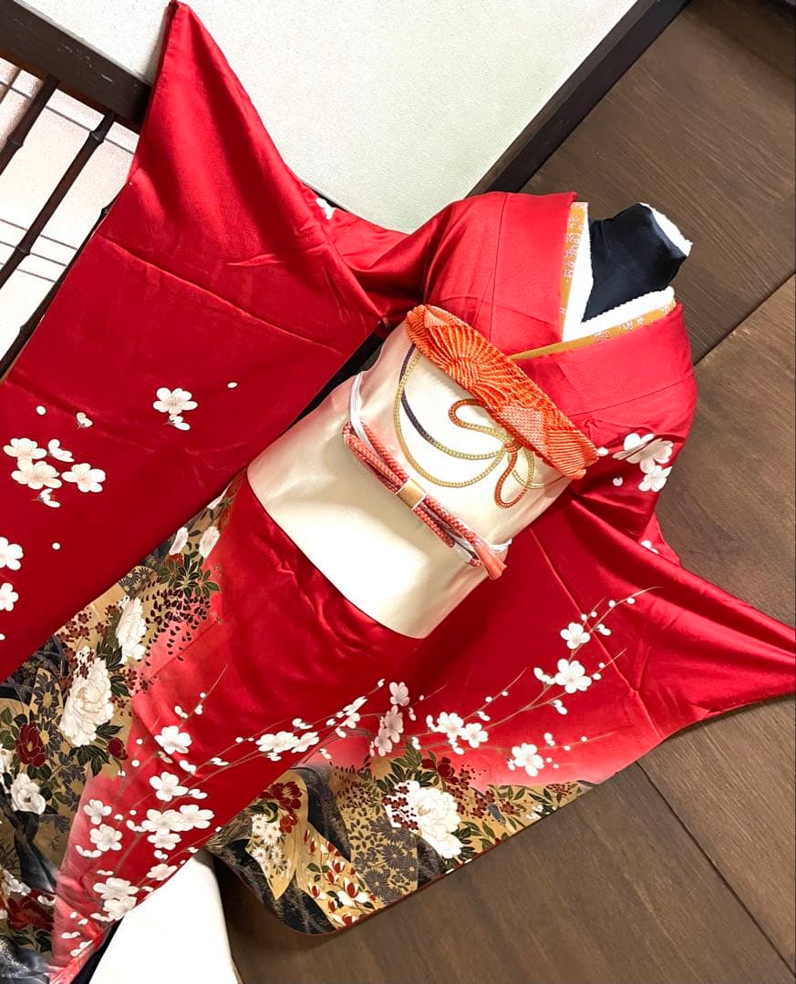 振袖フルセット6点サイズM〜Ｌ駒刺繍　流水地紙花文　暈し染め　金彩　正絹