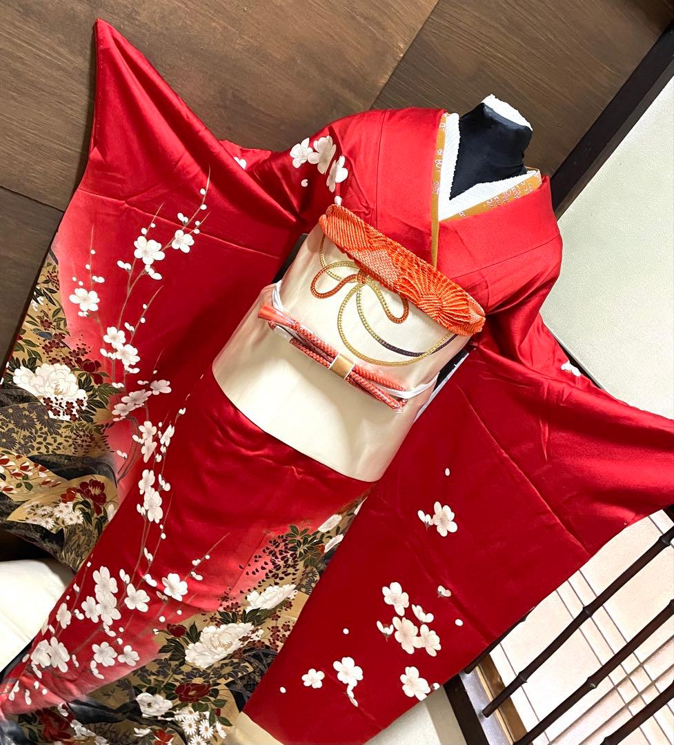 振袖フルセット6点サイズM〜Ｌ駒刺繍　流水地紙花文　暈し染め　金彩　正絹