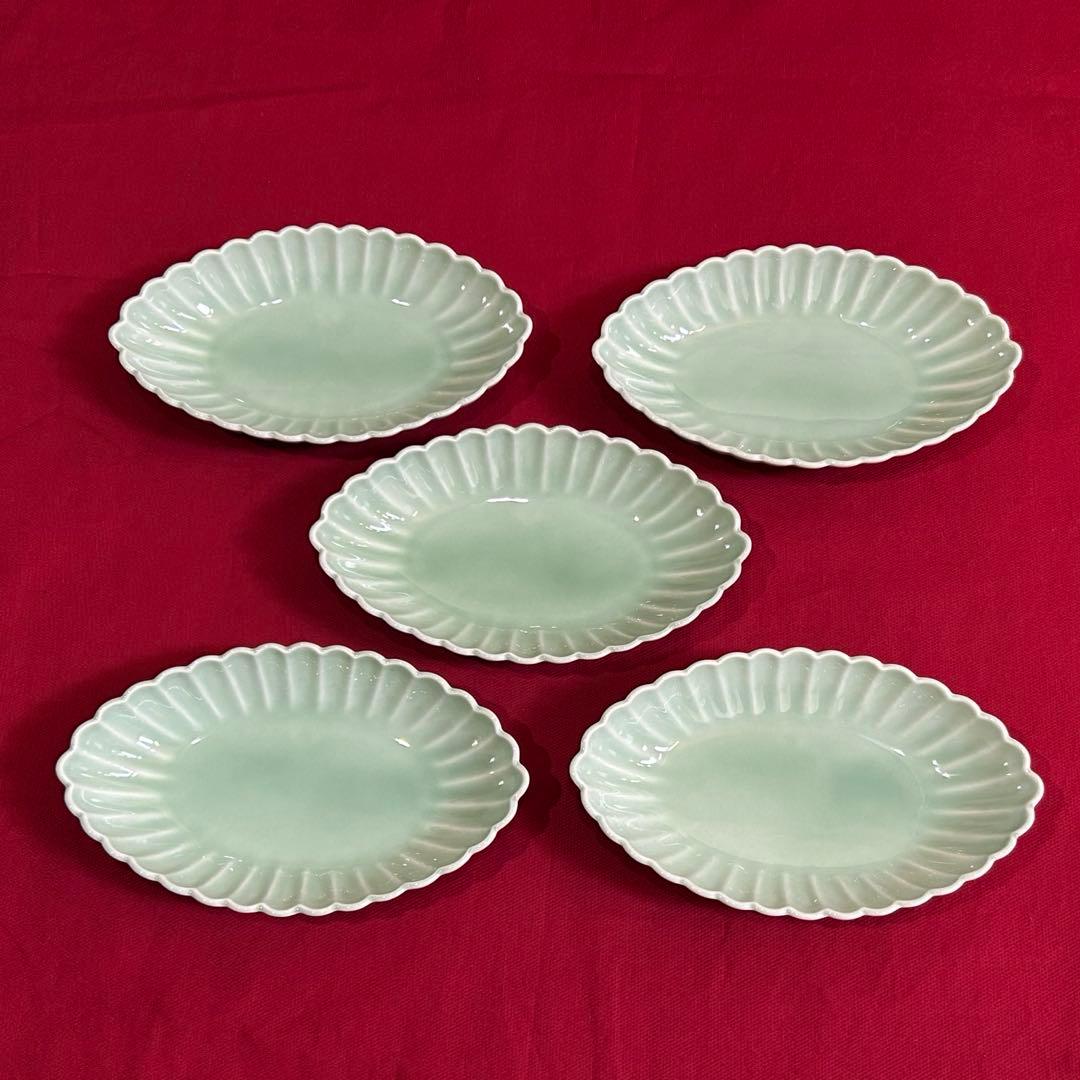 希少な形★未使用　深川製磁　百年庵　笹青磁　菊割　オーバル皿　美品