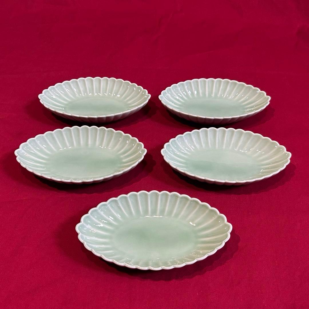 希少な形★未使用　深川製磁　百年庵　笹青磁　菊割　オーバル皿　美品