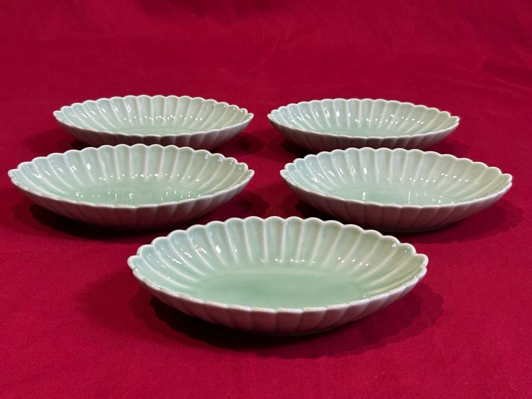 希少な形★未使用　深川製磁　百年庵　笹青磁　菊割　オーバル皿　美品