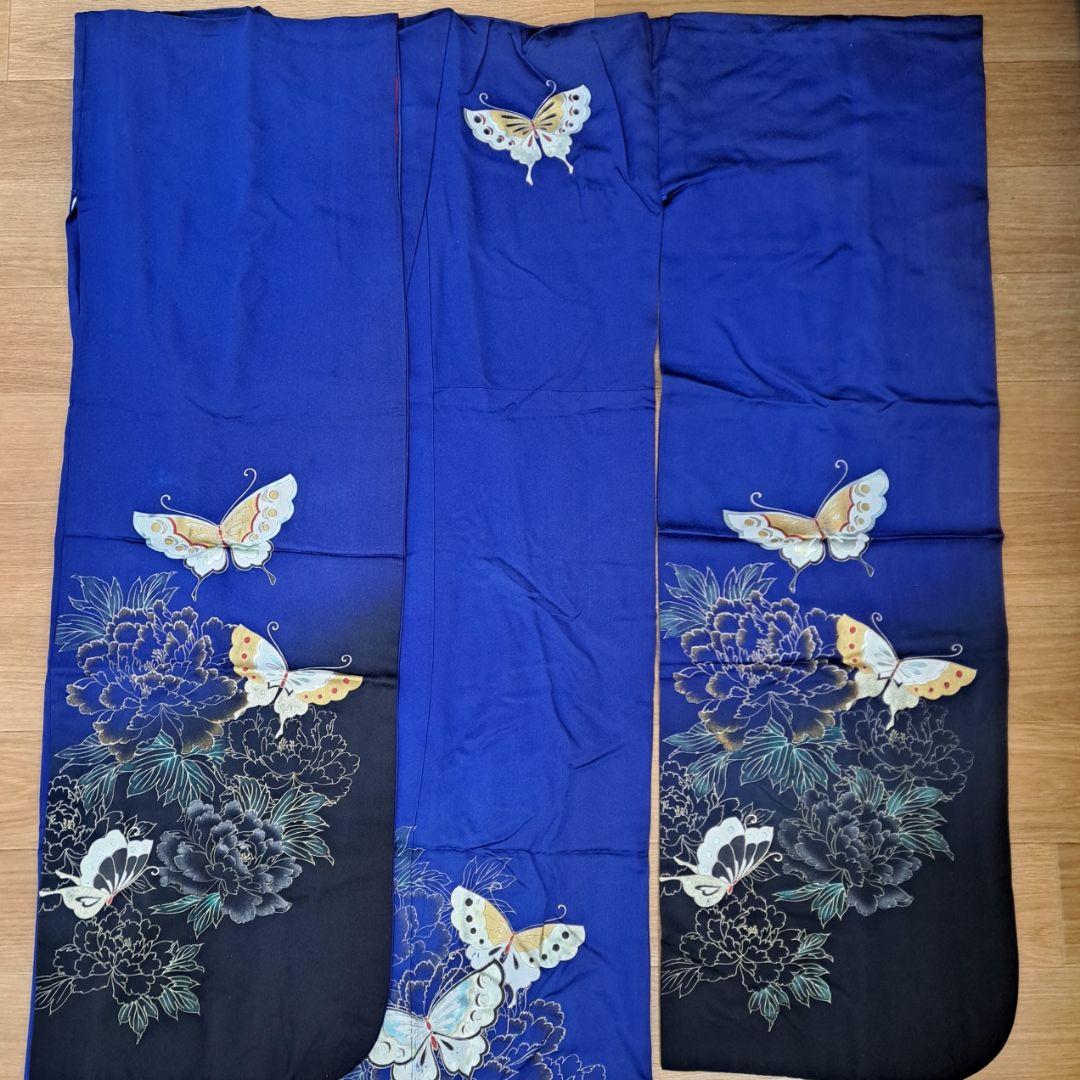 今大変お得な 正絹振袖セット 濃ブルー地金彩蝶柄 成人式 卒業式にも最適