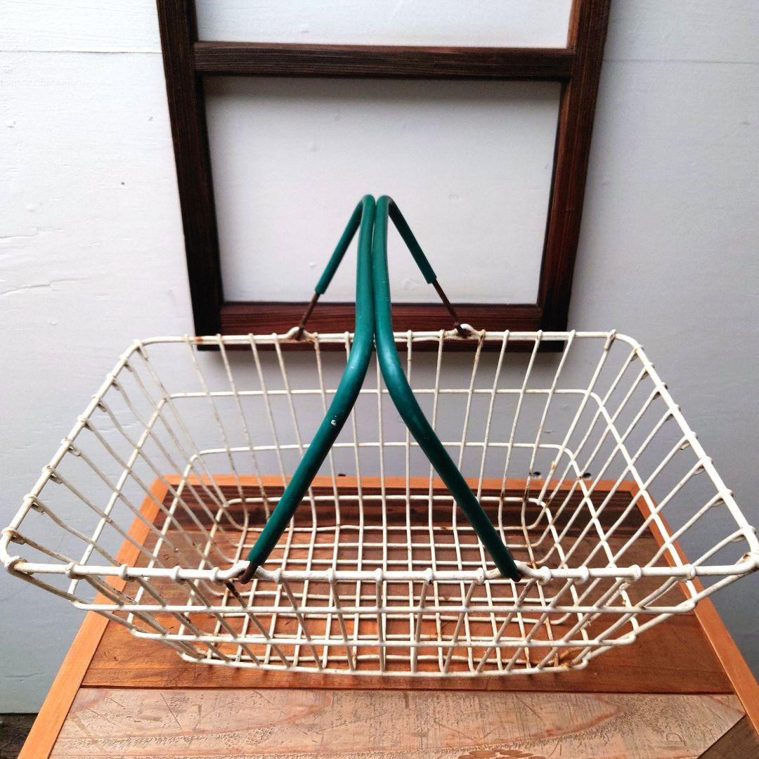 Made in USA ワイヤー　バスケット　緑　グリーン　白　古道具