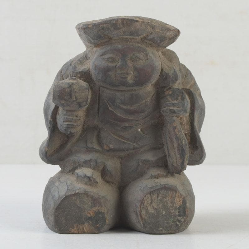 時代木彫　大黒天像　置物　書付時代箱　C　9877