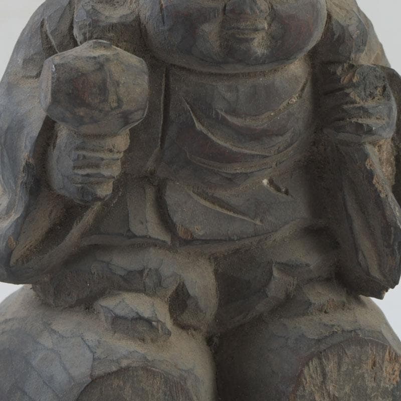 時代木彫　大黒天像　置物　書付時代箱　C　9877