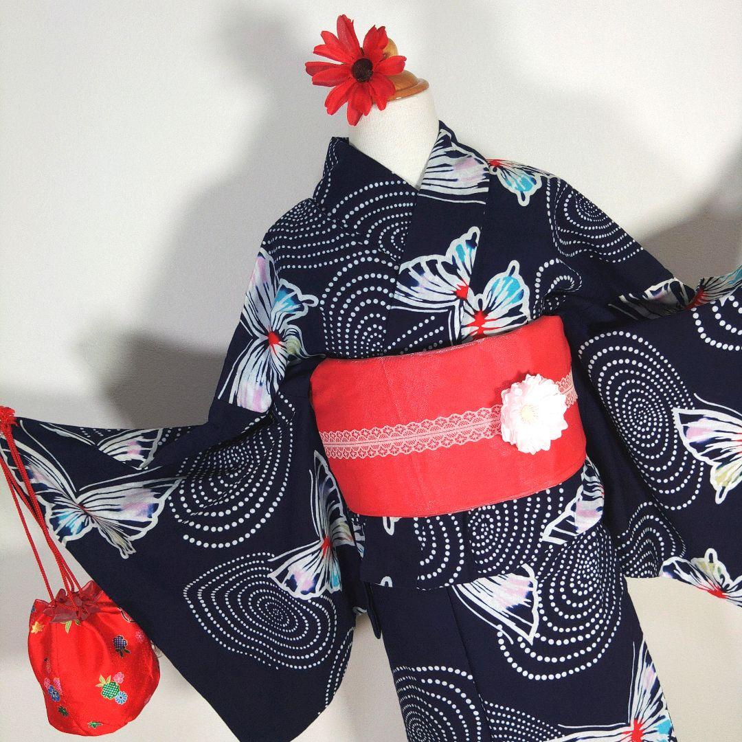 レトロ　浴衣セット　140cm　女の子　蝶々　ネイビー　兵児帯　新品　赤　巾着