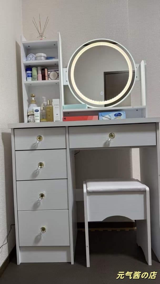 ホワイトモダンドレッシングテーブル＆バニテミラー付きスツール 大容量収納 組立式