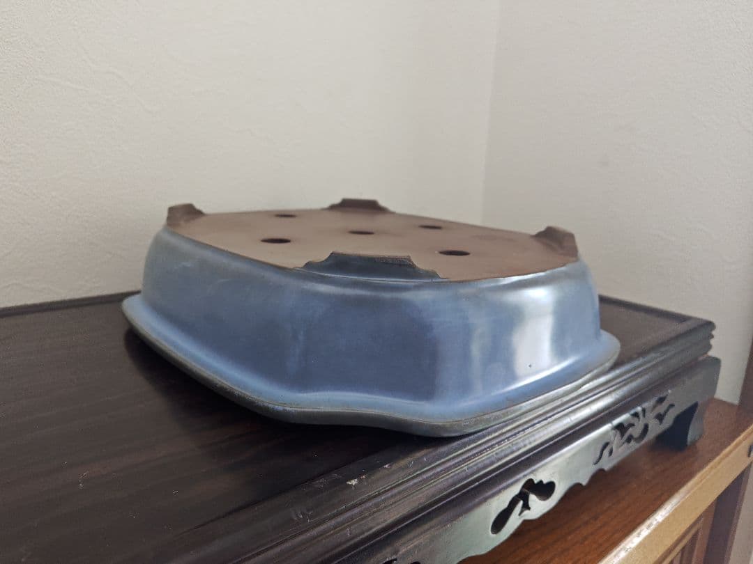 陶器製四角形　盆栽鉢 青 中型　落款　清峰