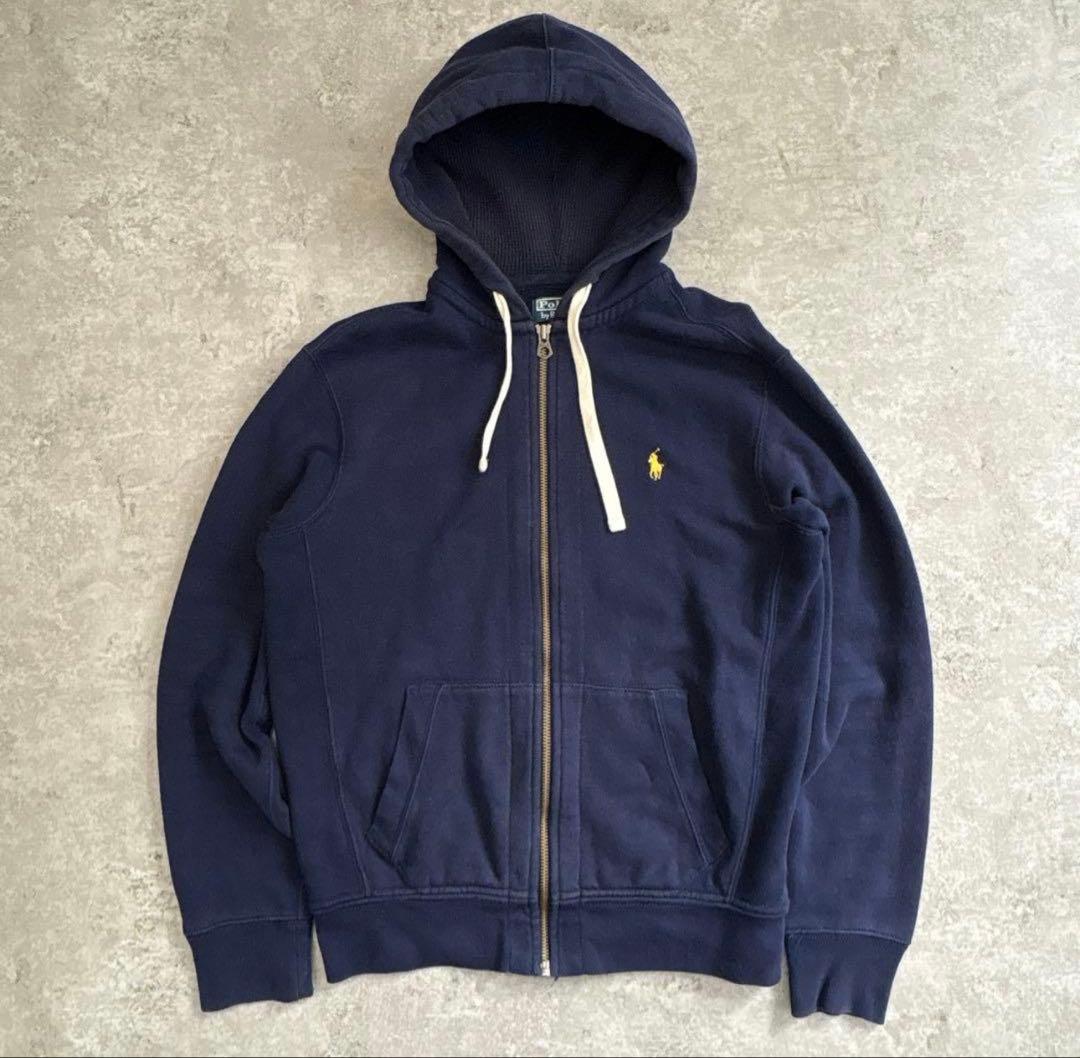 90s ポロラルフローレン ジップアップ パーカー サーマル 刺繍 ネイビー 紺