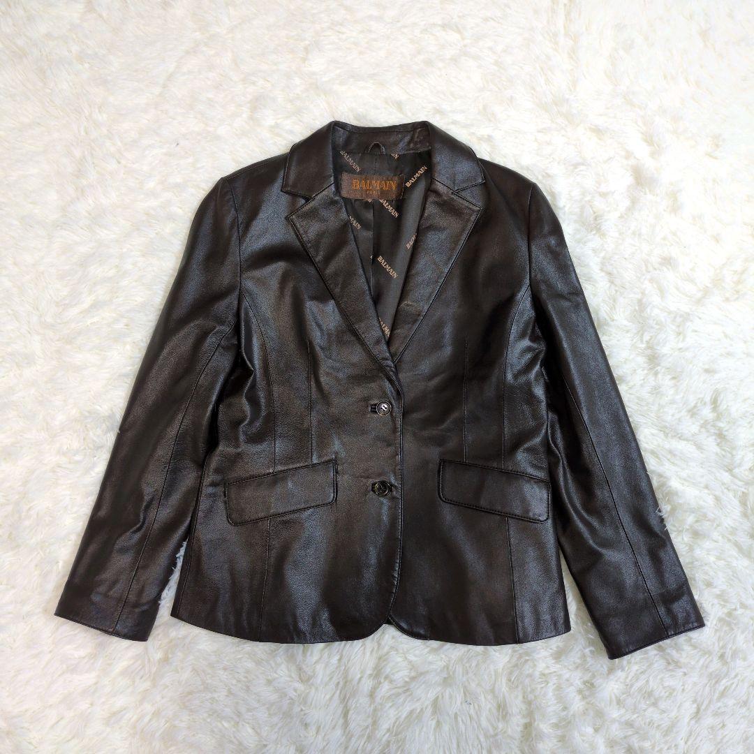 バルマン　羊革　ラムレザー　レザージャケット　テーラード　ロゴ　ブラウン