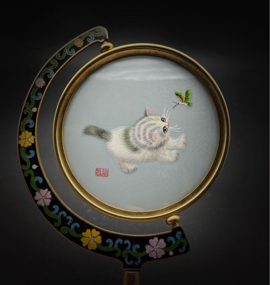 中國美術 七宝焼 景泰蓝 猫 蝶々 蘇繡 雙面繡