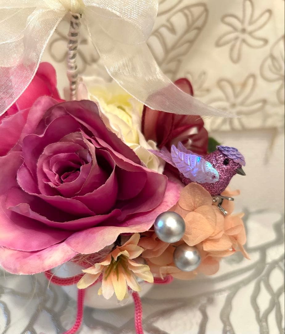 «846»◤完売◢♥️感謝祭♥️フラワーオブジェ*薔薇*紫陽花*小鳥*パープル