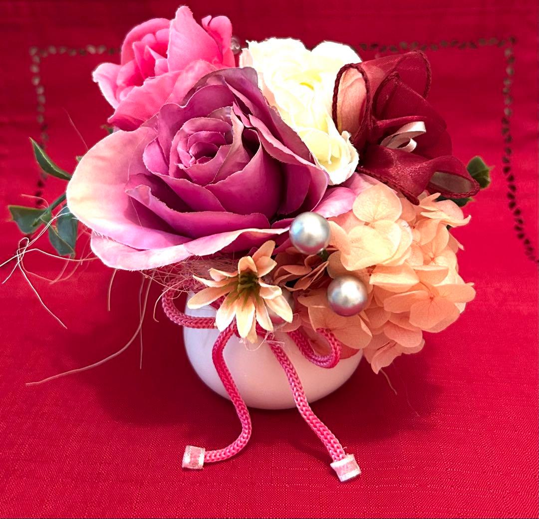 «846»◤完売◢♥️感謝祭♥️フラワーオブジェ*薔薇*紫陽花*小鳥*パープル