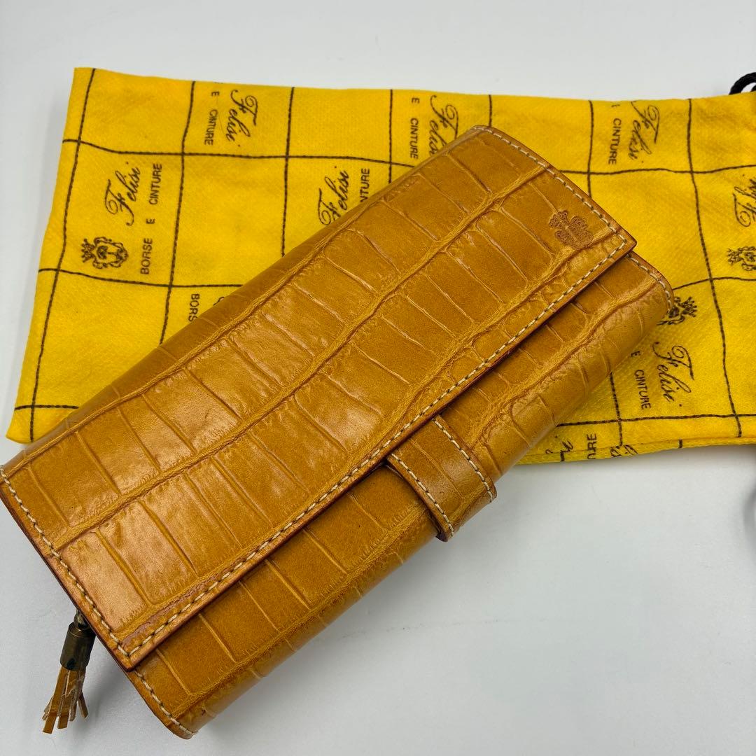 極美品】フェリージ　長財布　コロコロ　クロコ型押し　イエロー